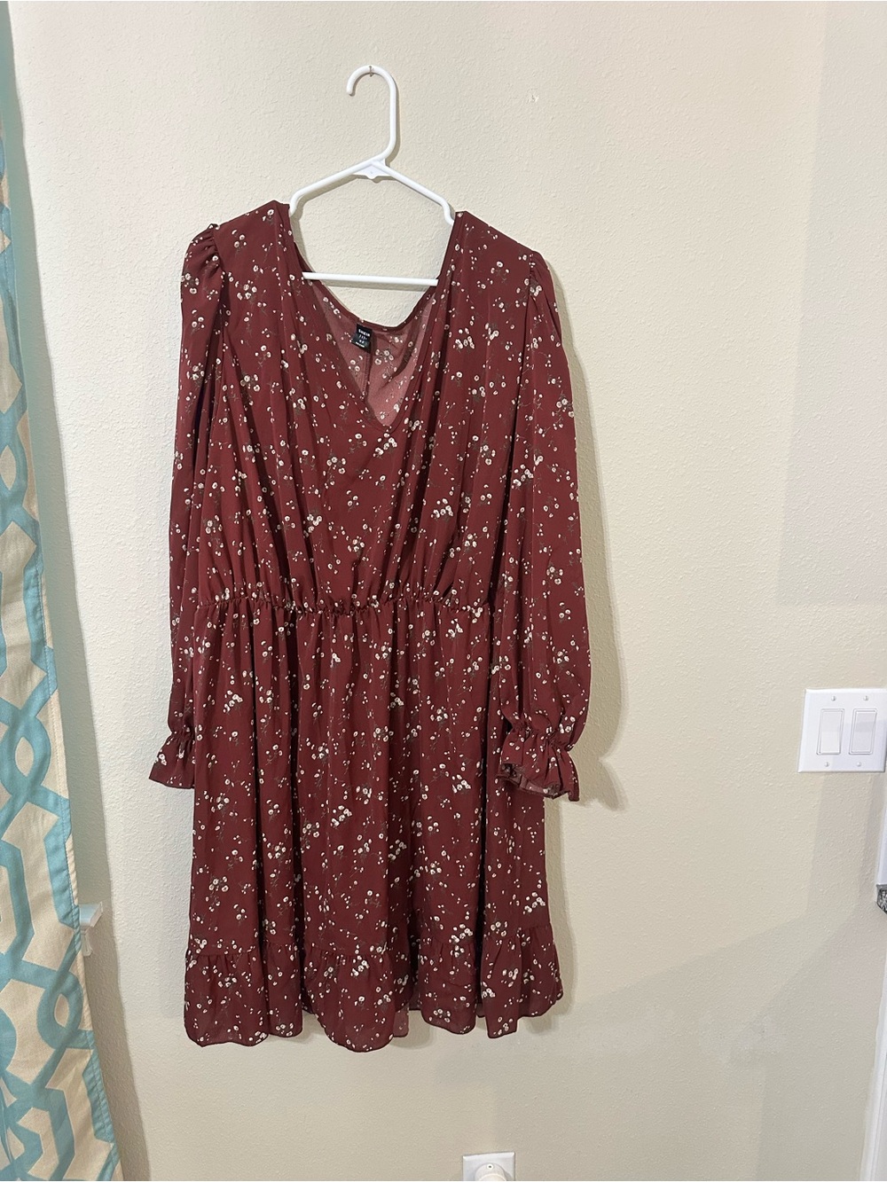SHEIN Rust Brown Floral V-Neck Long Sleeve Dress